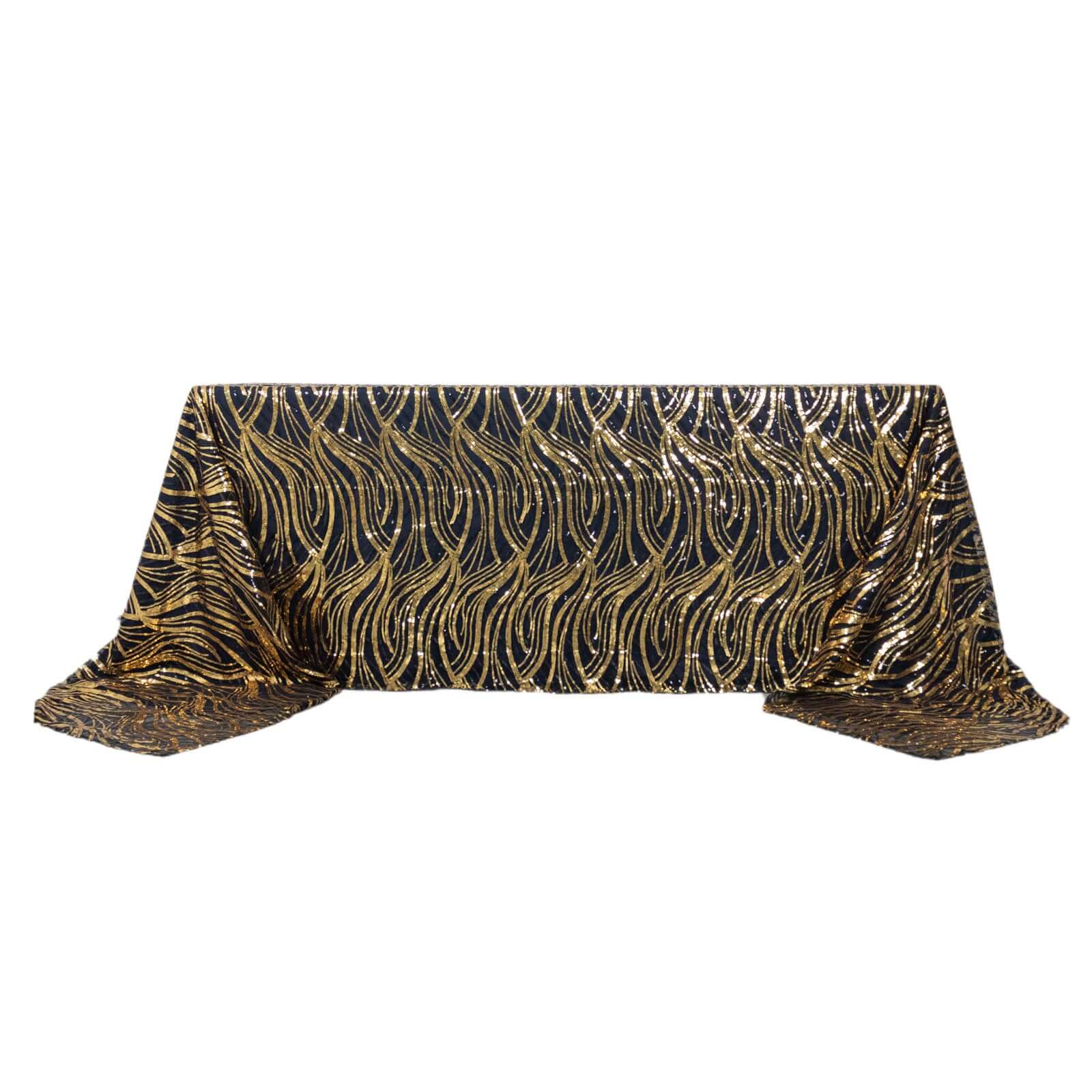 Mesh 90"x156" Rectangle Tablecloth Black/Gold - Wave Sequin Embroidered Table Cover - Bell Racket Store