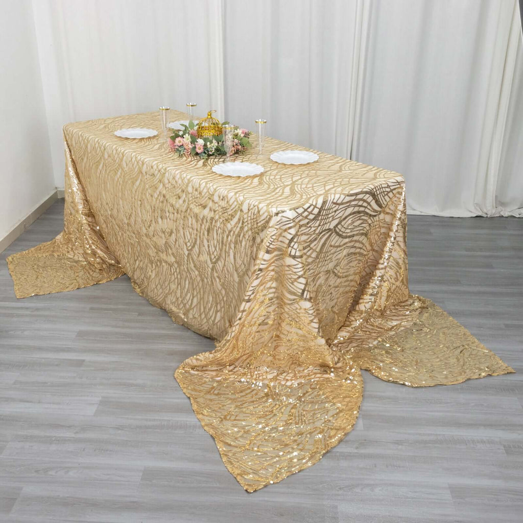Mesh 90"x156" Rectangle Tablecloth Champagne - Wave Sequin Embroidered Table Cover - Bell Racket Store