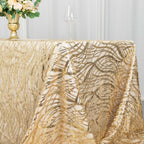 Mesh 90"x156" Rectangle Tablecloth Champagne - Wave Sequin Embroidered Table Cover - Bell Racket Store