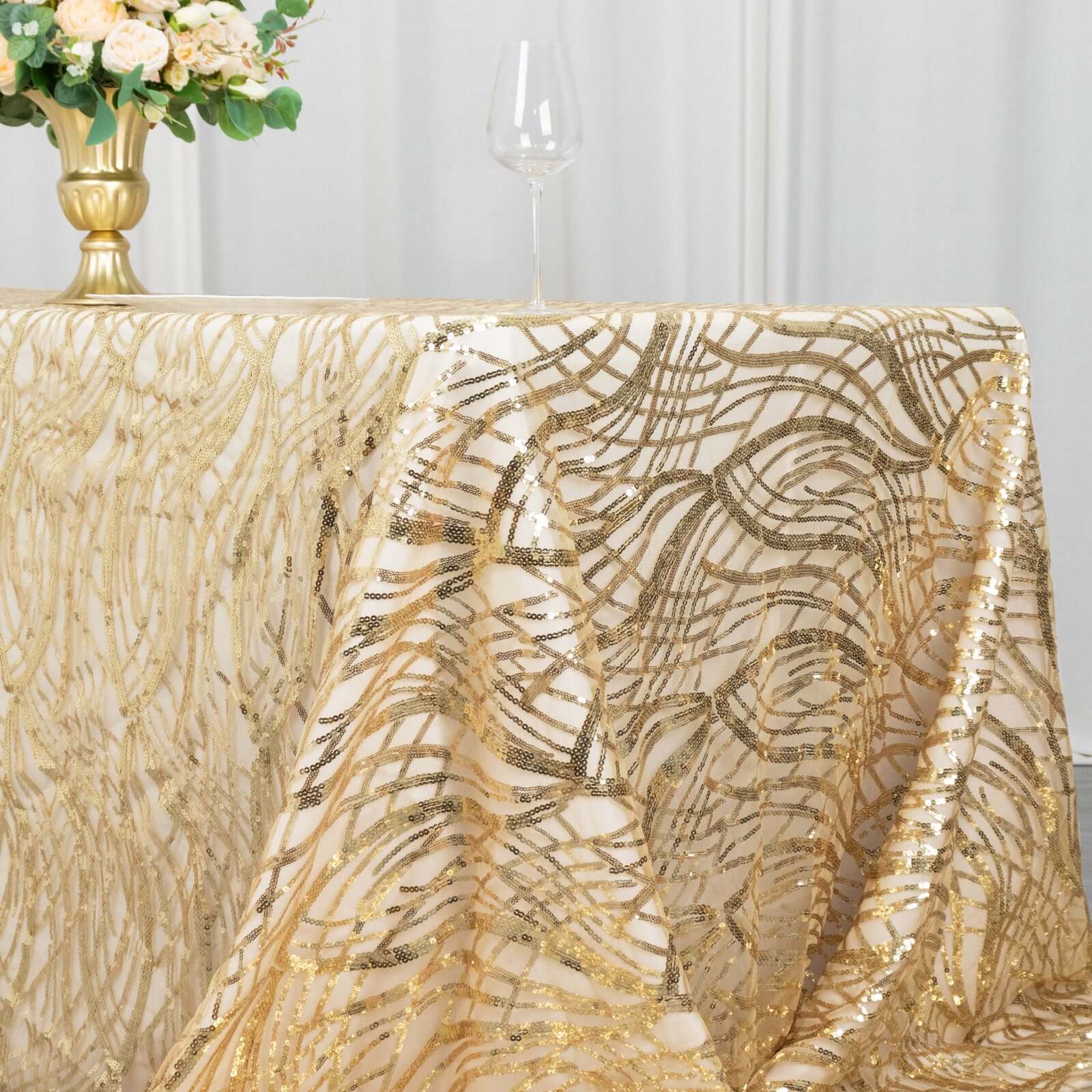 Mesh 90"x156" Rectangle Tablecloth Champagne - Wave Sequin Embroidered Table Cover - Bell Racket Store