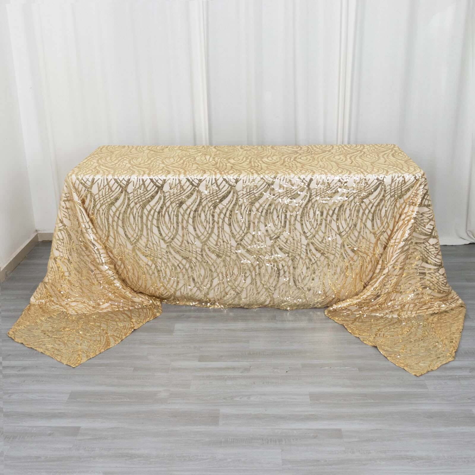 Mesh 90"x156" Rectangle Tablecloth Champagne - Wave Sequin Embroidered Table Cover - Bell Racket Store