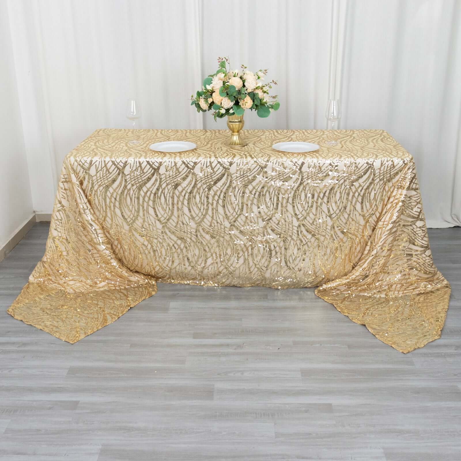 Mesh 90"x156" Rectangle Tablecloth Champagne - Wave Sequin Embroidered Table Cover - Bell Racket Store