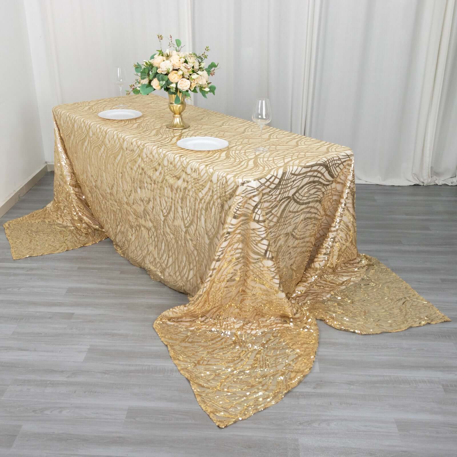 Mesh 90"x156" Rectangle Tablecloth Champagne - Wave Sequin Embroidered Table Cover - Bell Racket Store