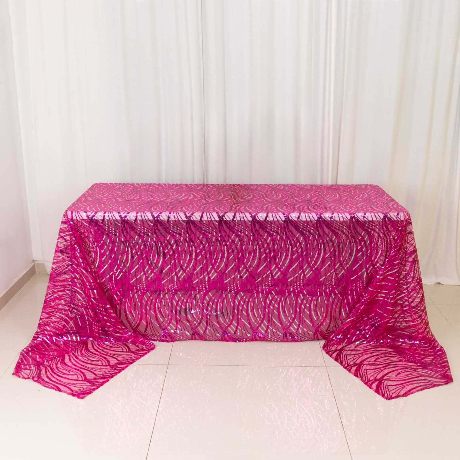 Mesh 90"x156" Rectangle Tablecloth Fuchsia/Silver - Wave Sequin Embroidered Table Cover - Bell Racket Store