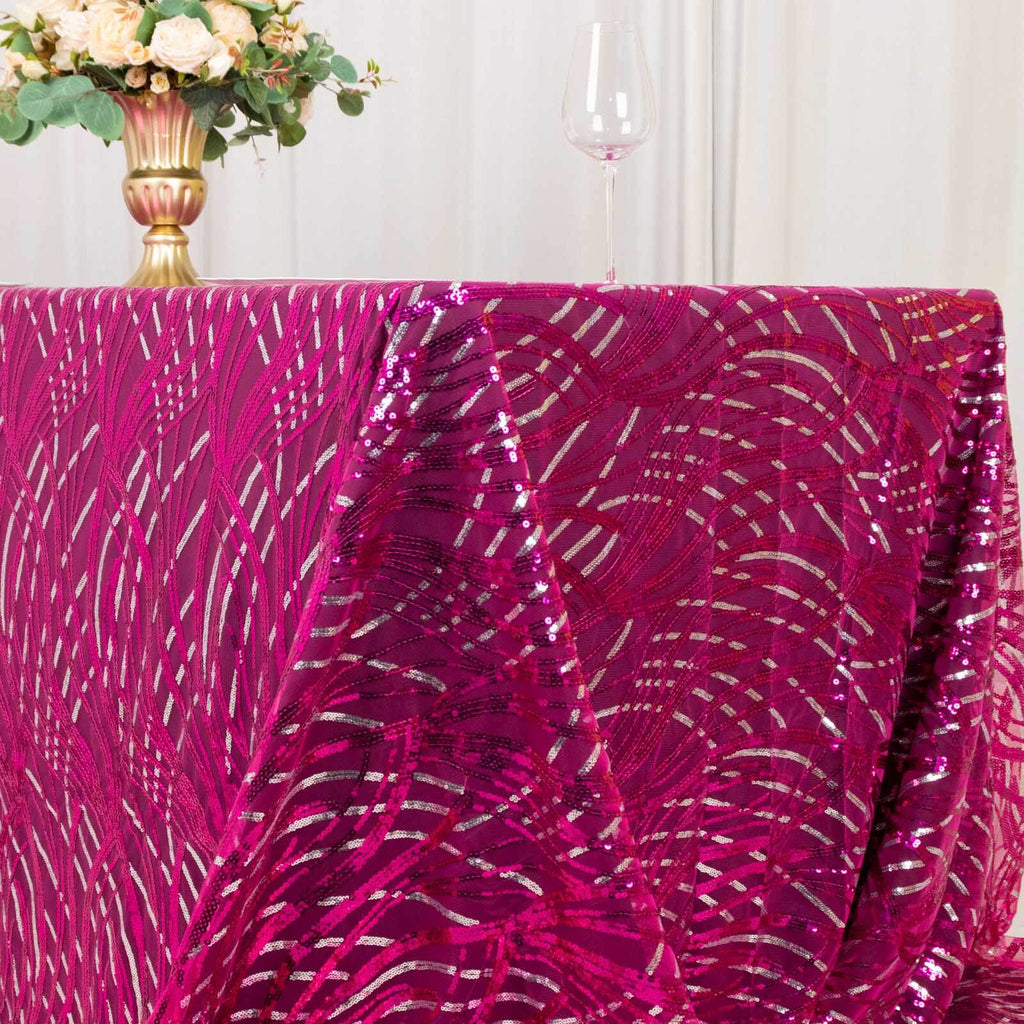 Mesh 90"x156" Rectangle Tablecloth Fuchsia/Silver - Wave Sequin Embroidered Table Cover - Bell Racket Store