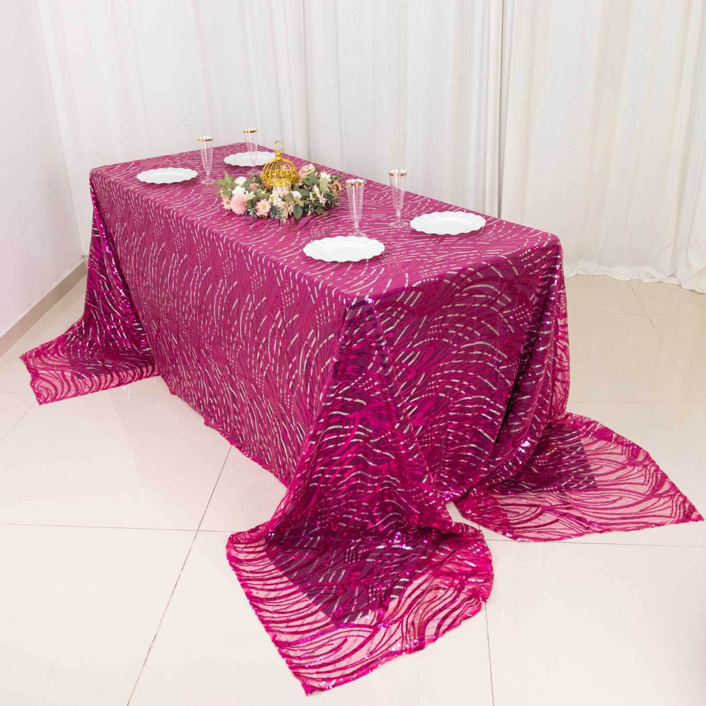 Mesh 90"x156" Rectangle Tablecloth Fuchsia/Silver - Wave Sequin Embroidered Table Cover - Bell Racket Store