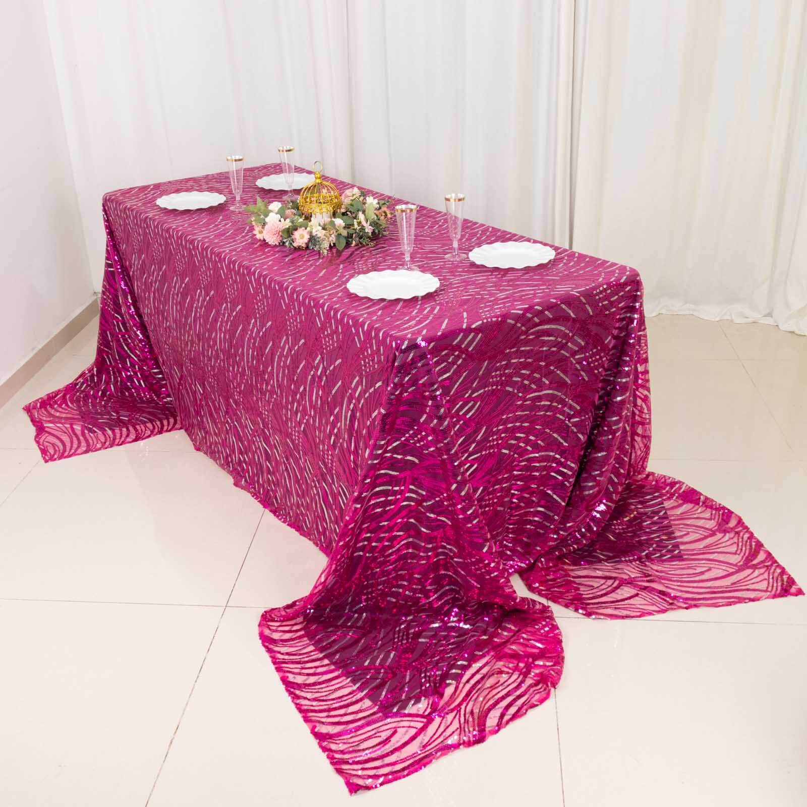 Mesh 90"x156" Rectangle Tablecloth Fuchsia/Silver - Wave Sequin Embroidered Table Cover - Bell Racket Store