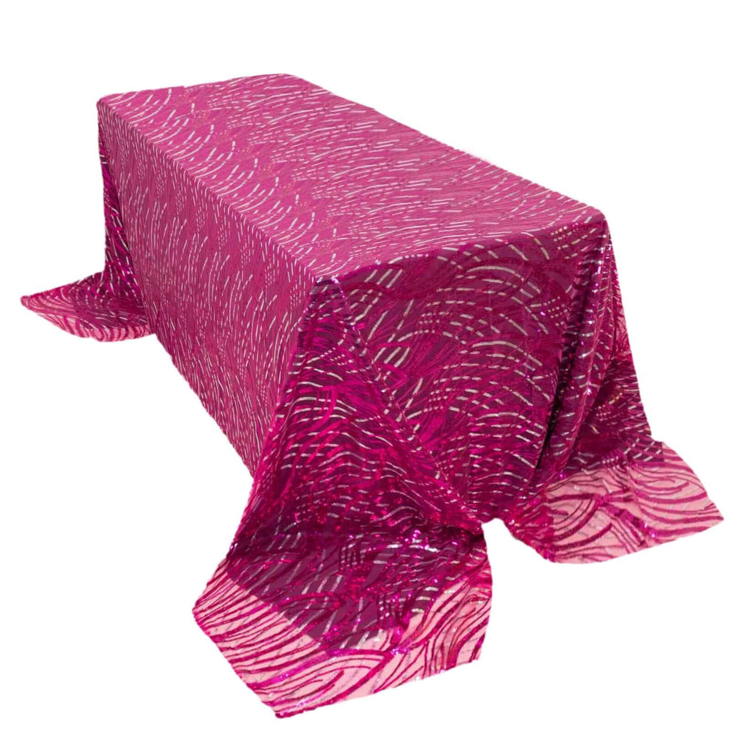 Mesh 90"x156" Rectangle Tablecloth Fuchsia/Silver - Wave Sequin Embroidered Table Cover - Bell Racket Store