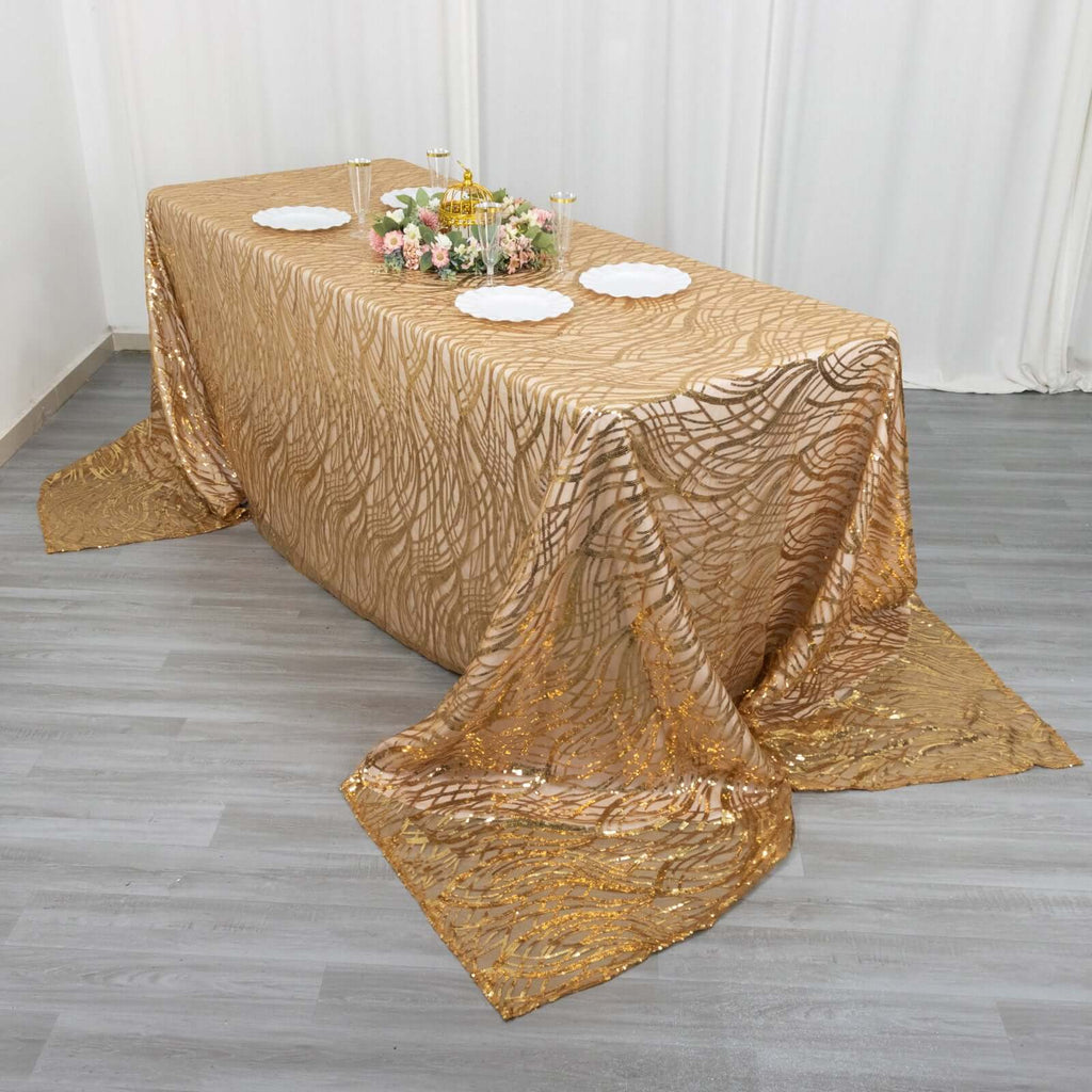 Mesh 90"x156" Rectangle Tablecloth Gold - Wave Sequin Embroidered Design for Refined Occasions - Bell Racket Store