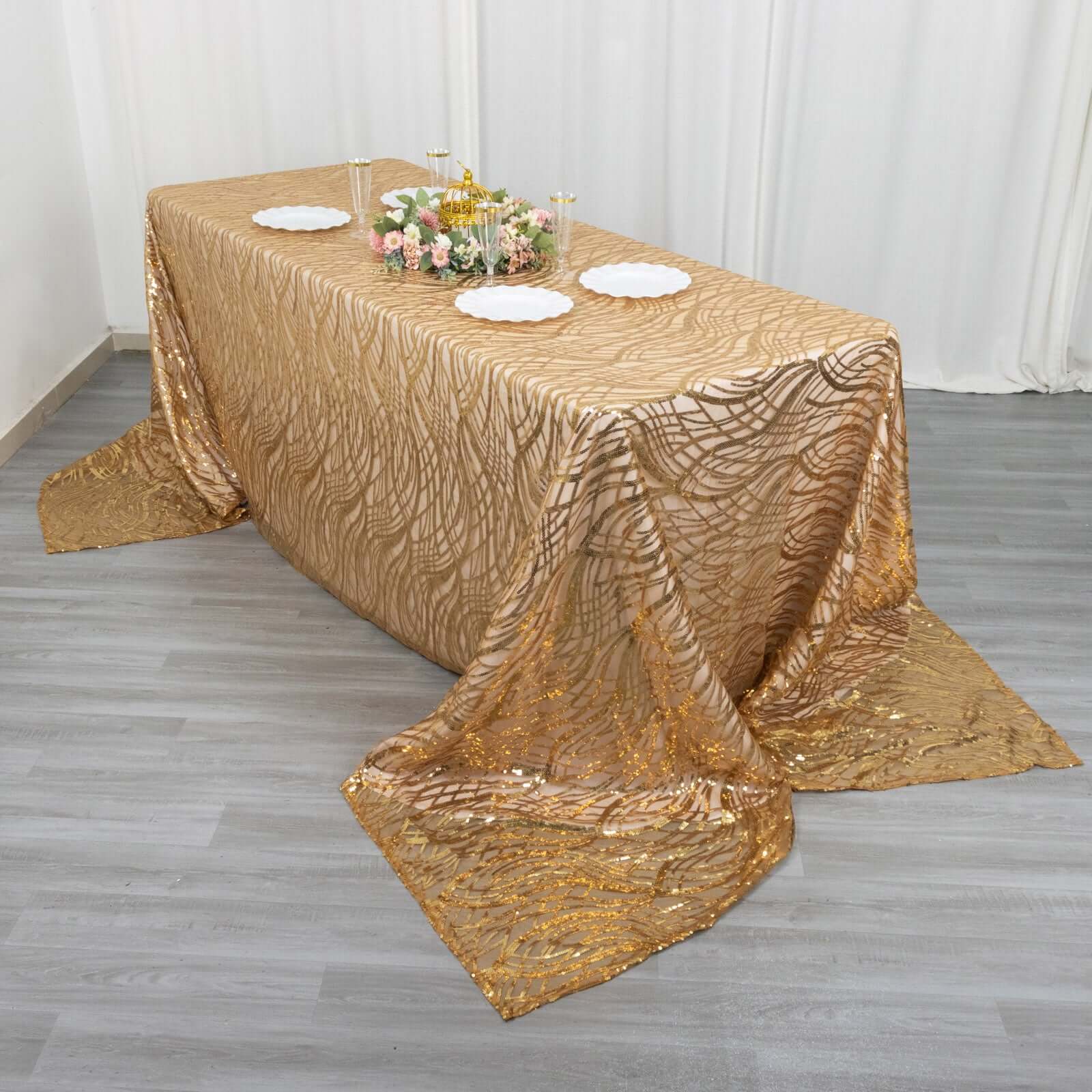 Mesh 90"x156" Rectangle Tablecloth Gold - Wave Sequin Embroidered Design for Refined Occasions - Bell Racket Store