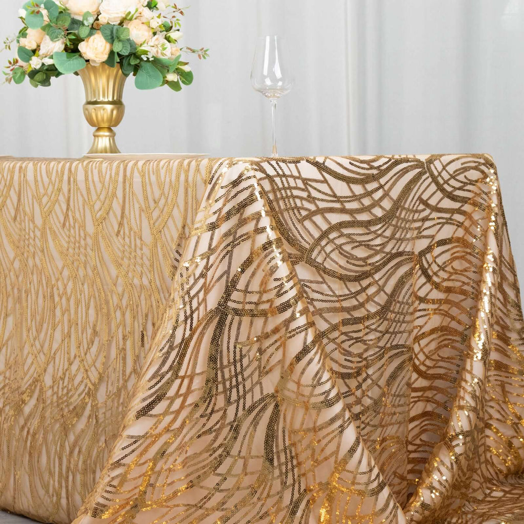 Mesh 90"x156" Rectangle Tablecloth Gold - Wave Sequin Embroidered Design for Refined Occasions - Bell Racket Store