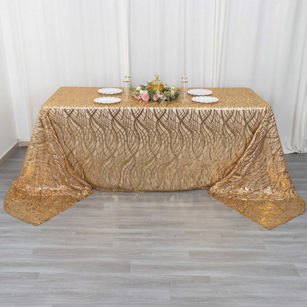 Mesh 90"x156" Rectangle Tablecloth Gold - Wave Sequin Embroidered Design for Refined Occasions - Bell Racket Store