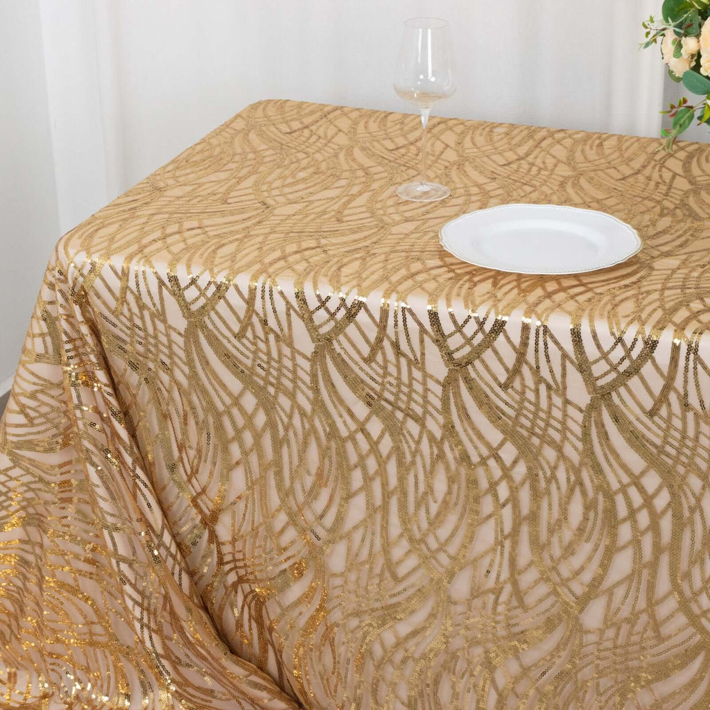 Mesh 90"x156" Rectangle Tablecloth Gold - Wave Sequin Embroidered Design for Refined Occasions - Bell Racket Store