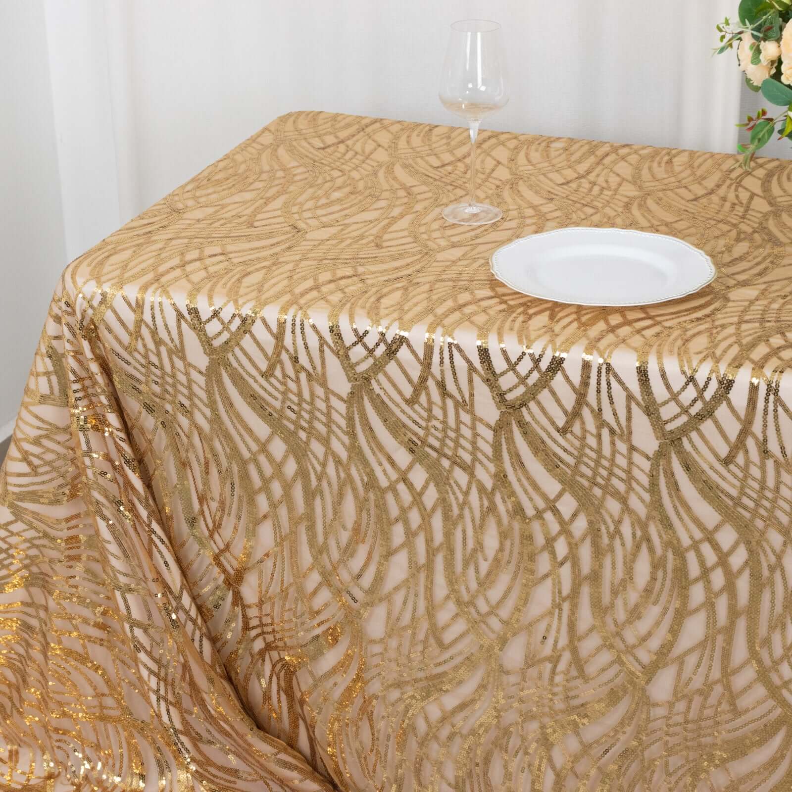Mesh 90"x156" Rectangle Tablecloth Gold - Wave Sequin Embroidered Design for Refined Occasions - Bell Racket Store
