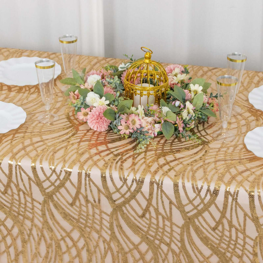 Mesh 90"x156" Rectangle Tablecloth Gold - Wave Sequin Embroidered Design for Refined Occasions - Bell Racket Store