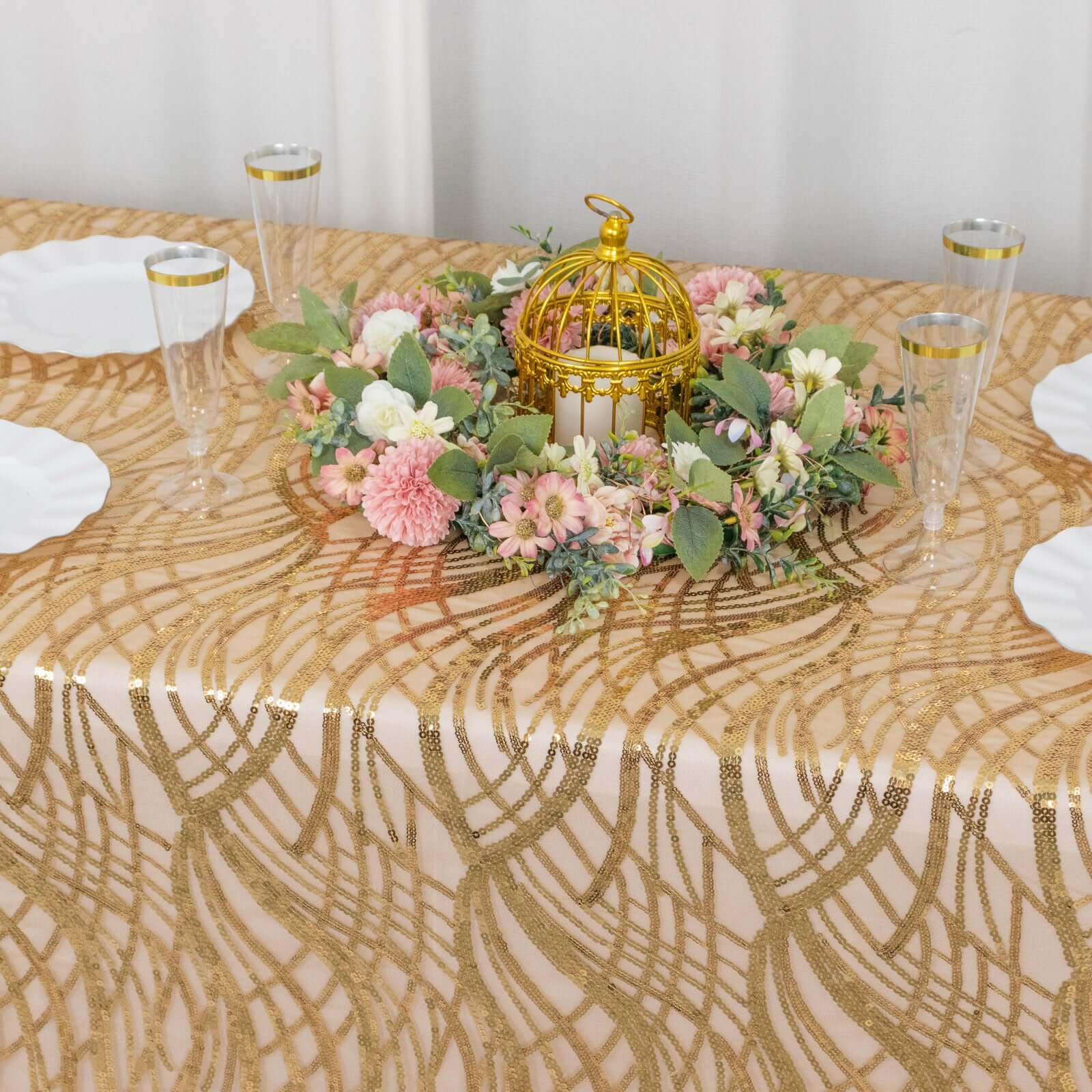 Mesh 90"x156" Rectangle Tablecloth Gold - Wave Sequin Embroidered Design for Refined Occasions - Bell Racket Store