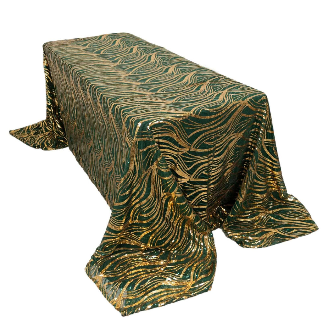 Mesh 90"x156" Rectangle Tablecloth Hunter Emerald Green/Gold - Wave Sequin Embroidered Table Cover - Bell Racket Store