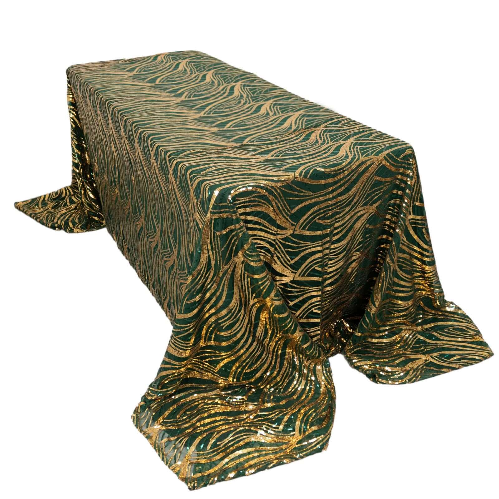 Mesh 90"x156" Rectangle Tablecloth Hunter Emerald Green/Gold - Wave Sequin Embroidered Table Cover - Bell Racket Store