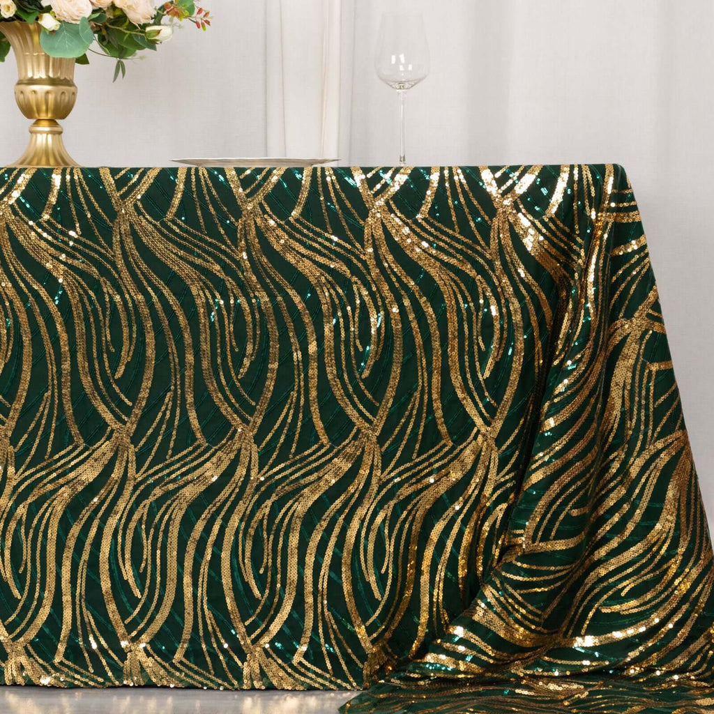 Mesh 90"x156" Rectangle Tablecloth Hunter Emerald Green/Gold - Wave Sequin Embroidered Table Cover - Bell Racket Store