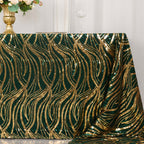 Mesh 90"x156" Rectangle Tablecloth Hunter Emerald Green/Gold - Wave Sequin Embroidered Table Cover - Bell Racket Store
