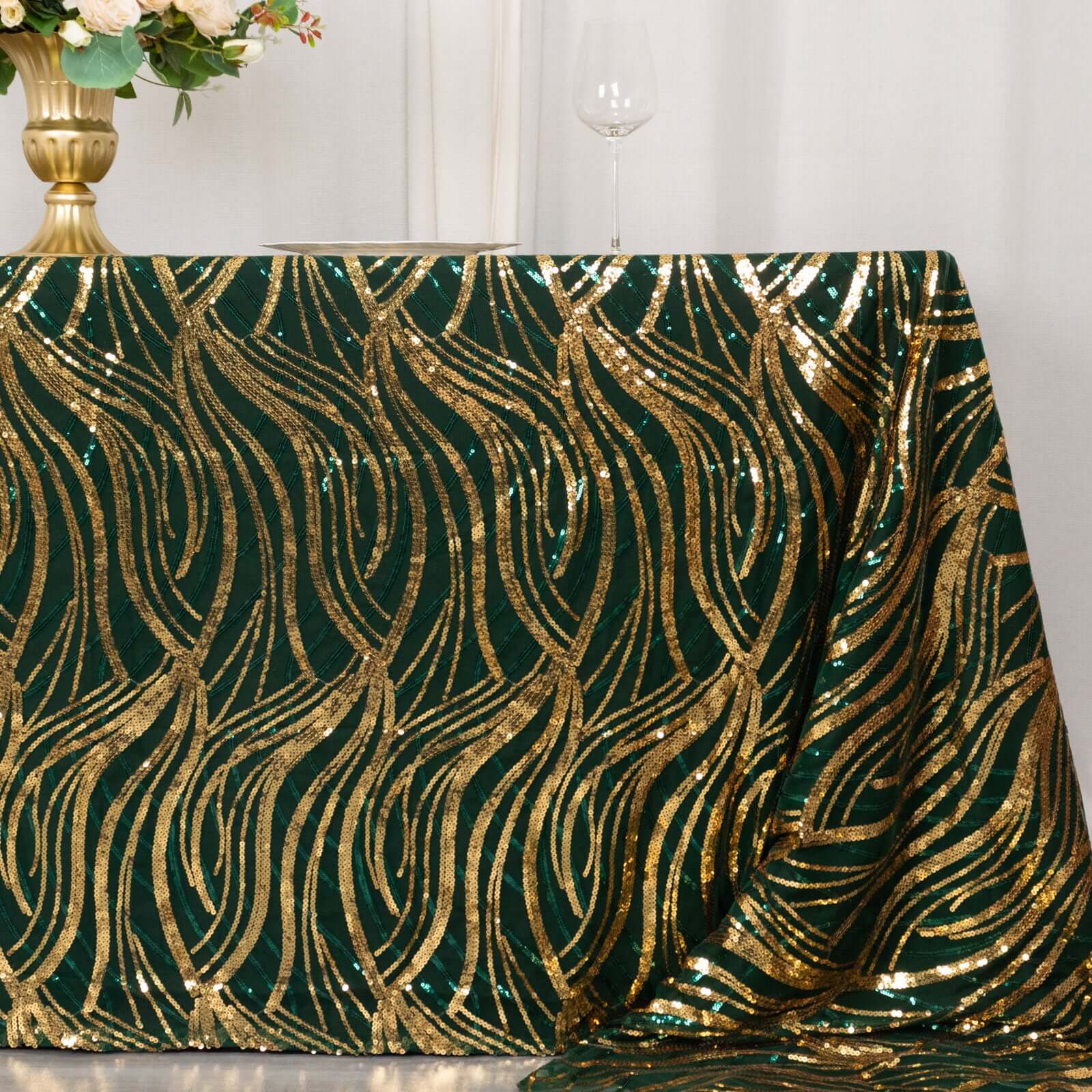 Mesh 90"x156" Rectangle Tablecloth Hunter Emerald Green/Gold - Wave Sequin Embroidered Table Cover - Bell Racket Store