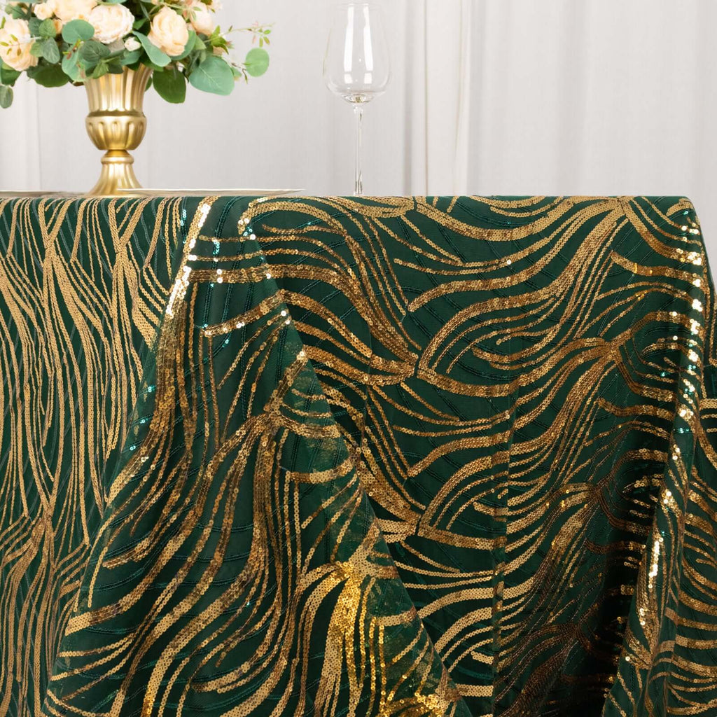 Mesh 90"x156" Rectangle Tablecloth Hunter Emerald Green/Gold - Wave Sequin Embroidered Table Cover - Bell Racket Store