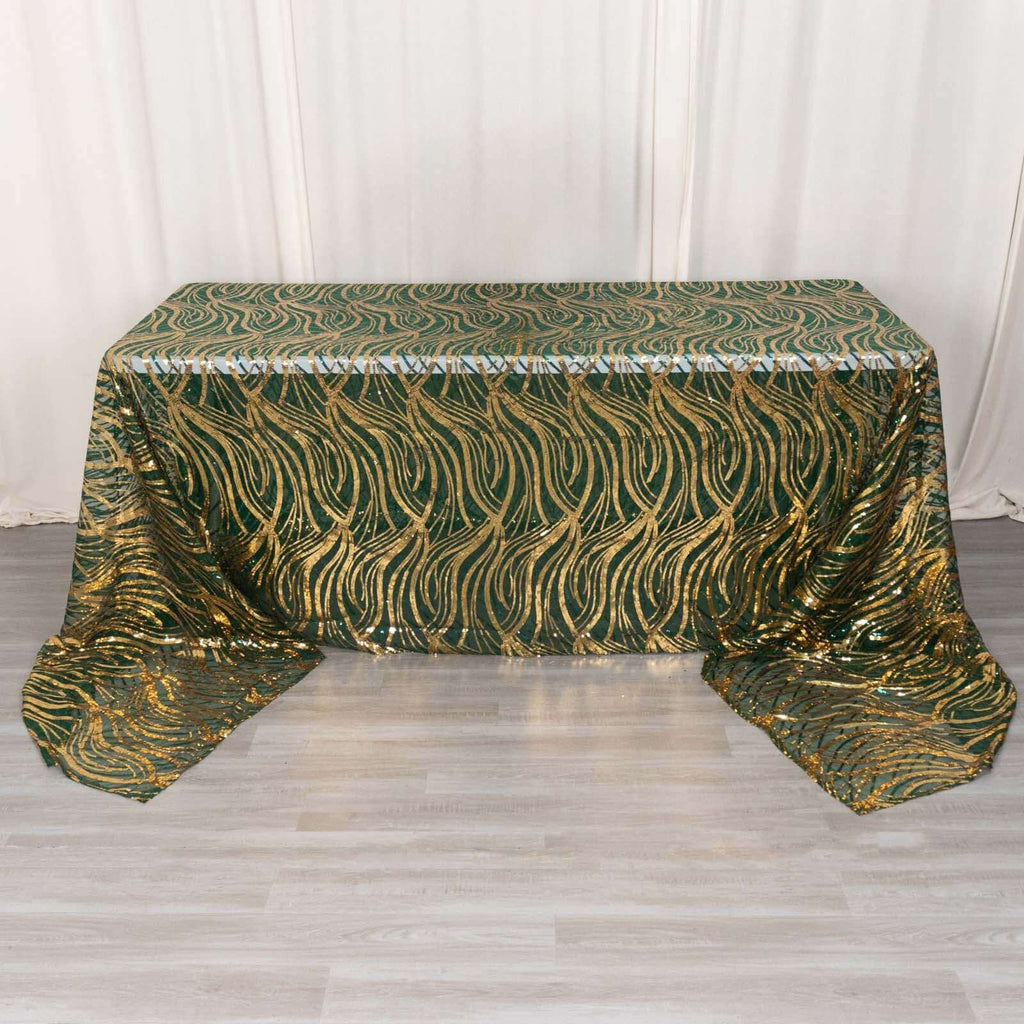 Mesh 90"x156" Rectangle Tablecloth Hunter Emerald Green/Gold - Wave Sequin Embroidered Table Cover - Bell Racket Store