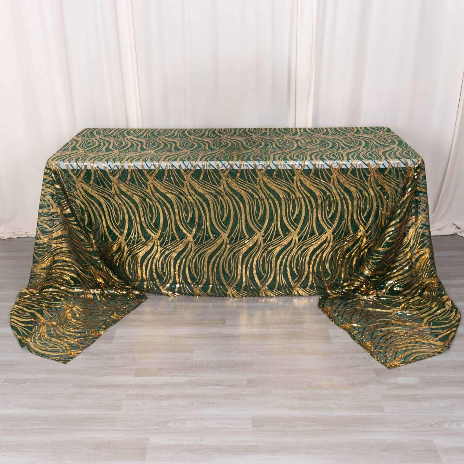 Mesh 90"x156" Rectangle Tablecloth Hunter Emerald Green/Gold - Wave Sequin Embroidered Table Cover - Bell Racket Store