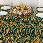 Mesh 90"x156" Rectangle Tablecloth Hunter Emerald Green/Gold - Wave Sequin Embroidered Table Cover - Bell Racket Store