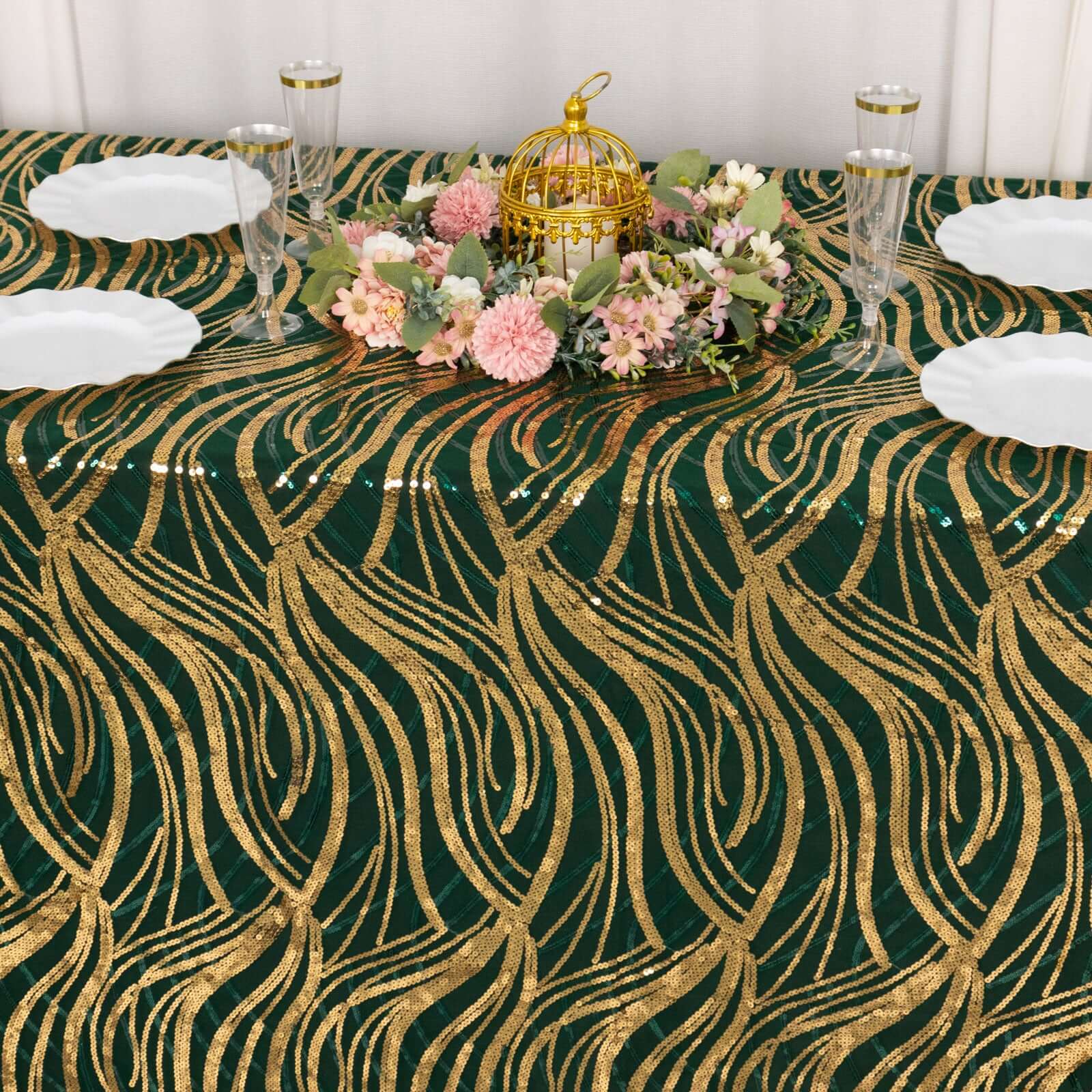 Mesh 90"x156" Rectangle Tablecloth Hunter Emerald Green/Gold - Wave Sequin Embroidered Table Cover - Bell Racket Store