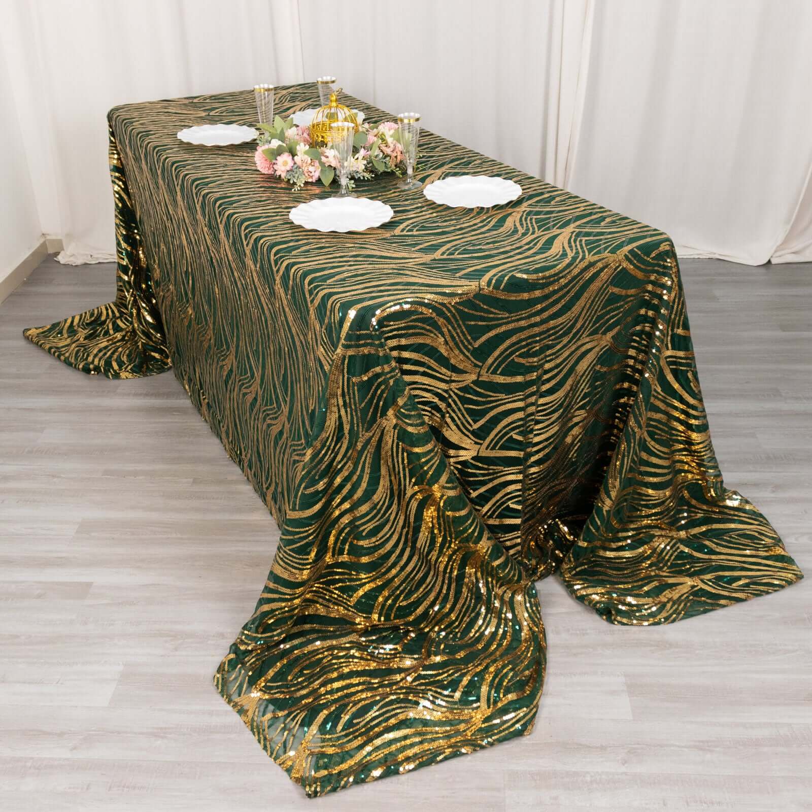 Mesh 90"x156" Rectangle Tablecloth Hunter Emerald Green/Gold - Wave Sequin Embroidered Table Cover - Bell Racket Store