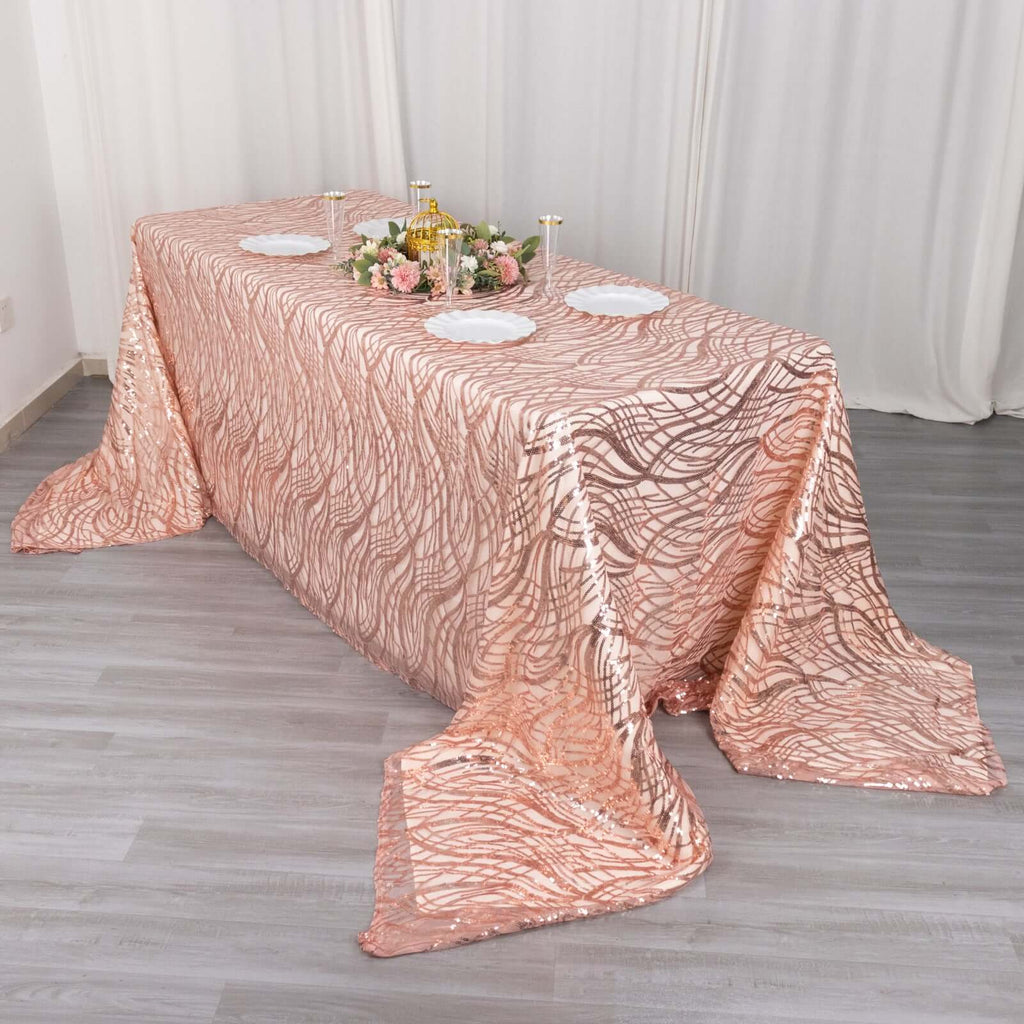Mesh 90"x156" Rectangle Tablecloth Rose Gold - Wave Sequin Embroidered Table Cover - Bell Racket Store