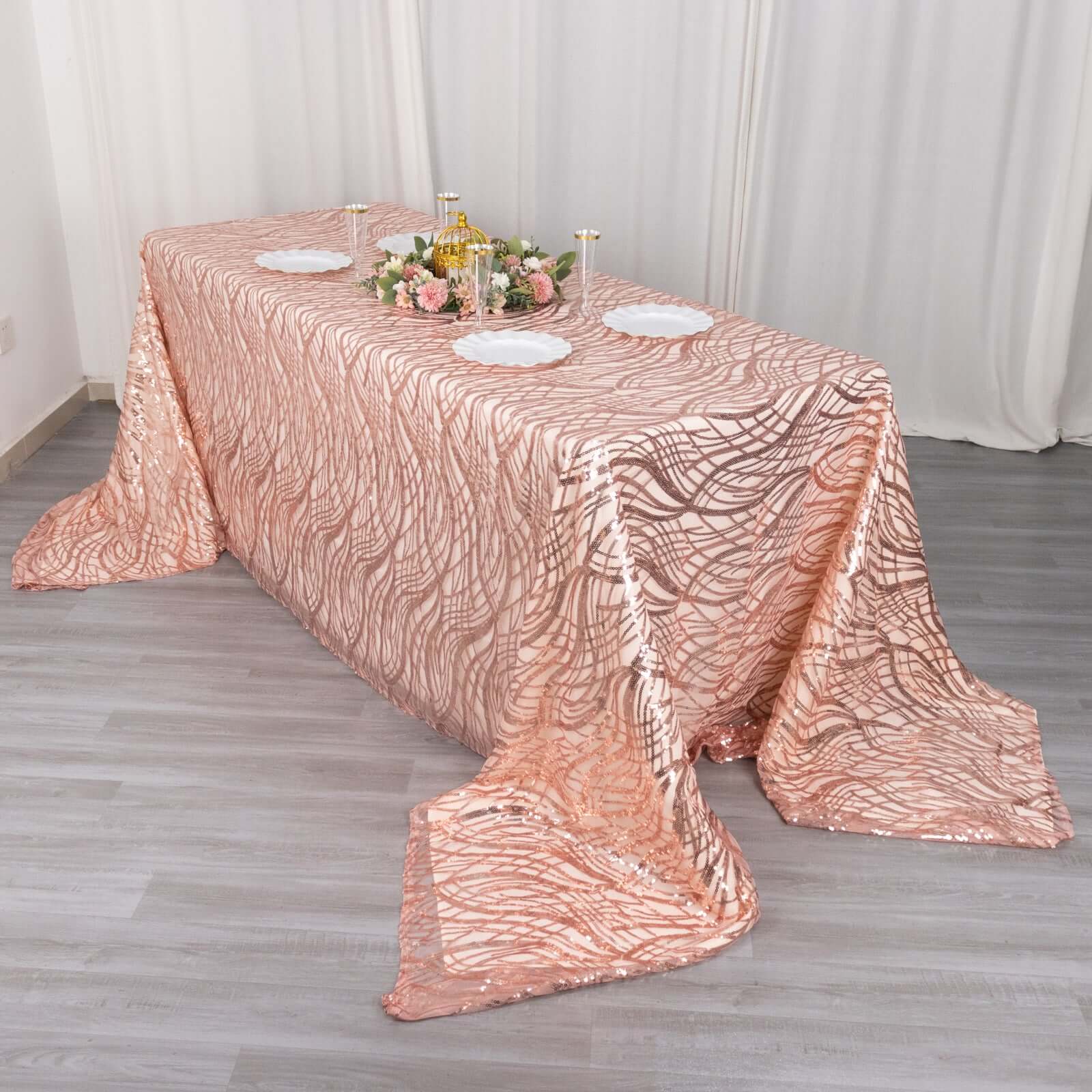 Mesh 90"x156" Rectangle Tablecloth Rose Gold - Wave Sequin Embroidered Table Cover - Bell Racket Store