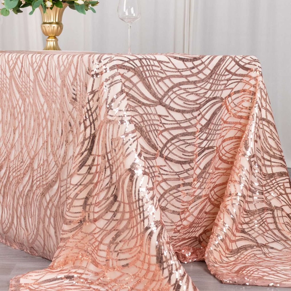 Mesh 90"x156" Rectangle Tablecloth Rose Gold - Wave Sequin Embroidered Table Cover - Bell Racket Store