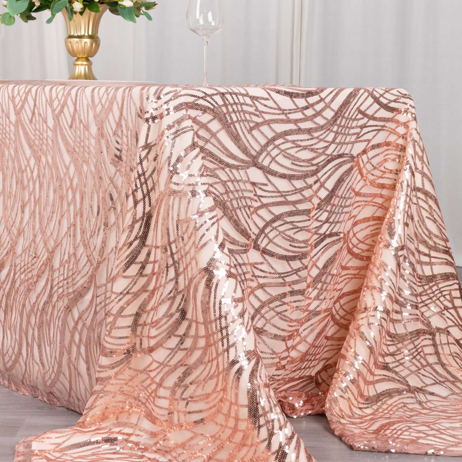 Mesh 90"x156" Rectangle Tablecloth Rose Gold - Wave Sequin Embroidered Table Cover - Bell Racket Store