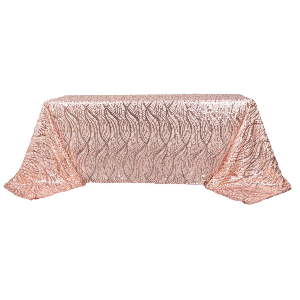 Mesh 90"x156" Rectangle Tablecloth Rose Gold - Wave Sequin Embroidered Table Cover - Bell Racket Store