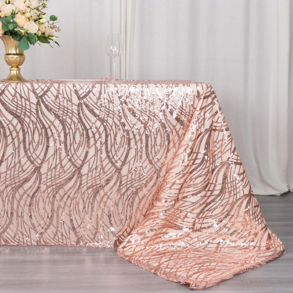 Mesh 90"x156" Rectangle Tablecloth Rose Gold - Wave Sequin Embroidered Table Cover - Bell Racket Store