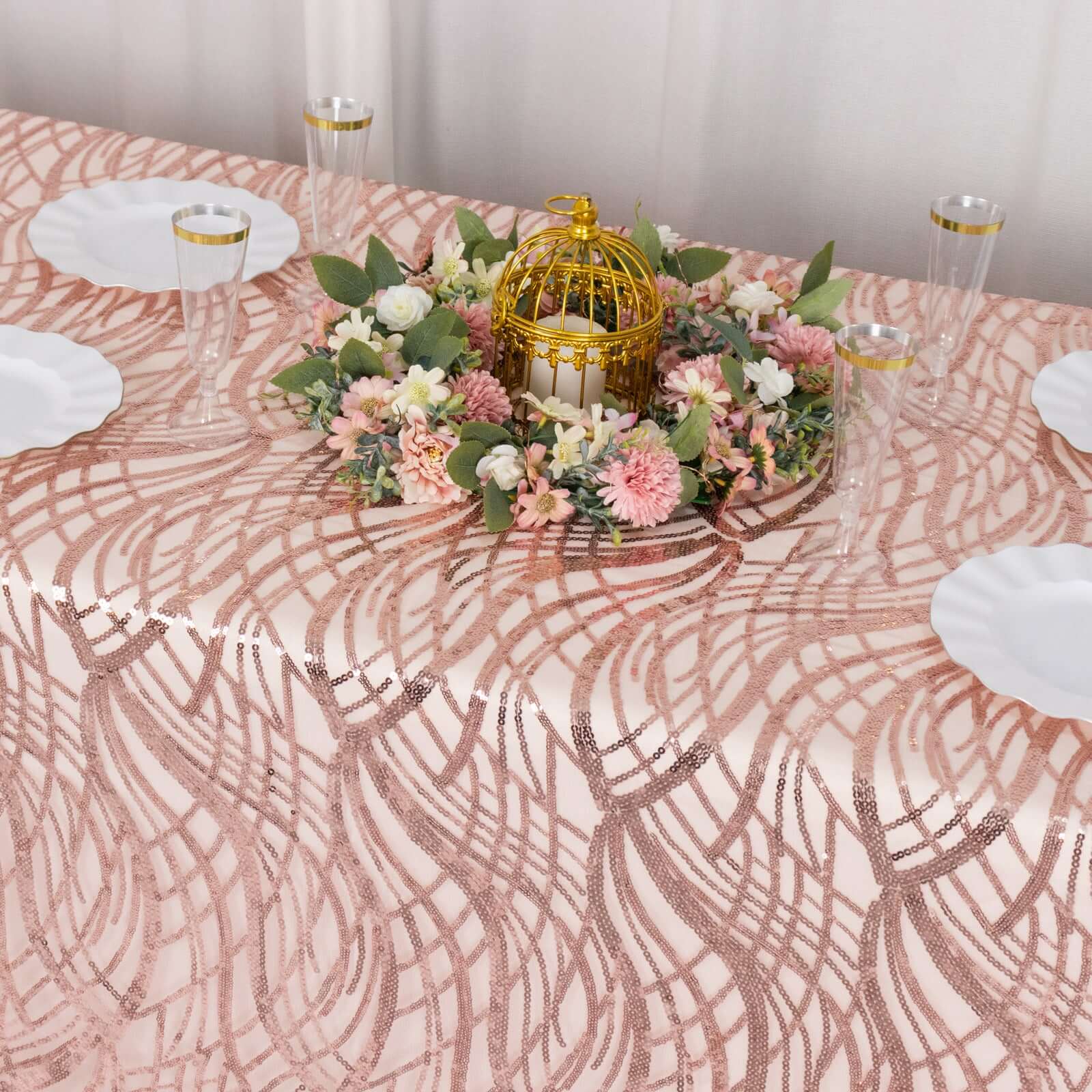 Mesh 90"x156" Rectangle Tablecloth Rose Gold - Wave Sequin Embroidered Table Cover - Bell Racket Store