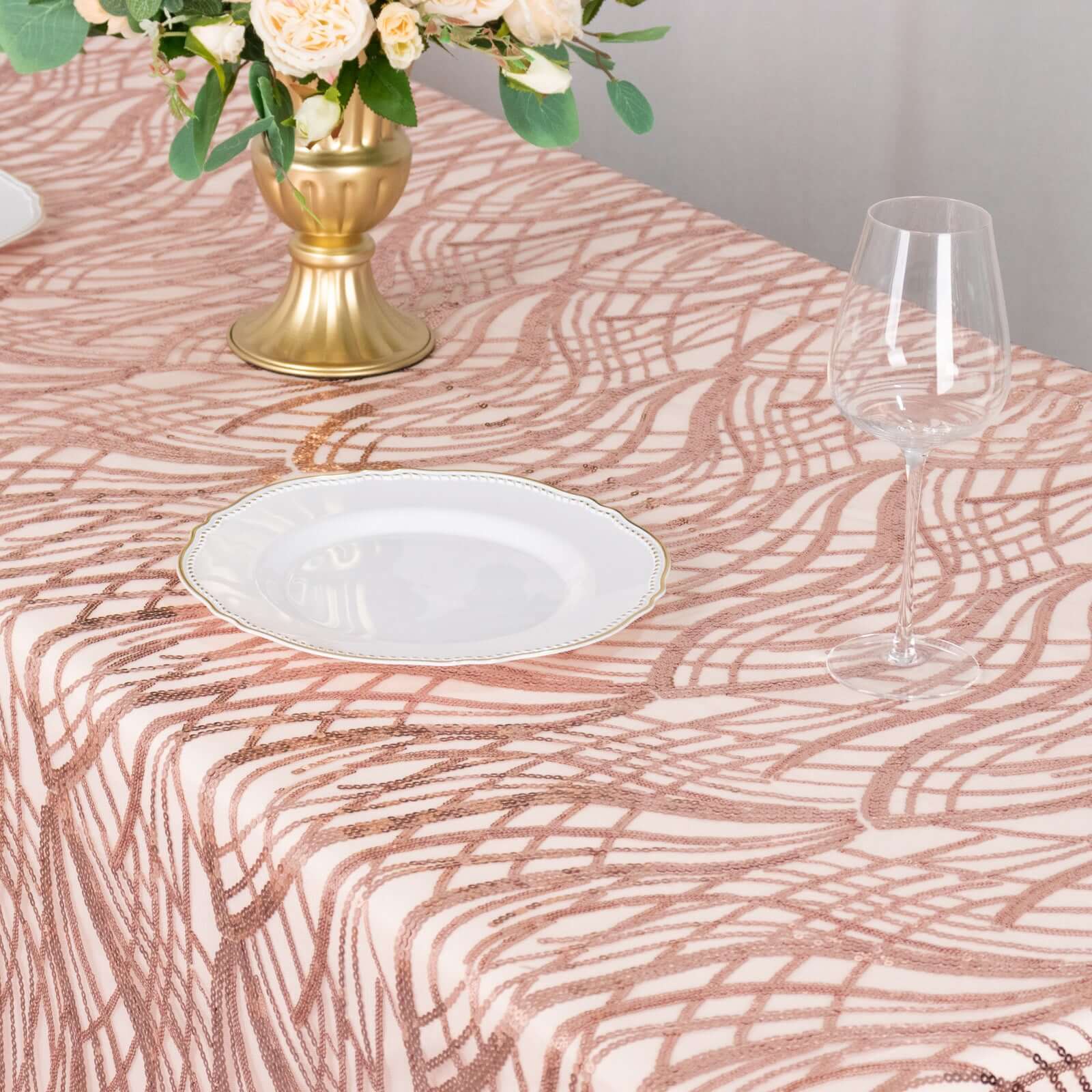 Mesh 90"x156" Rectangle Tablecloth Rose Gold - Wave Sequin Embroidered Table Cover - Bell Racket Store