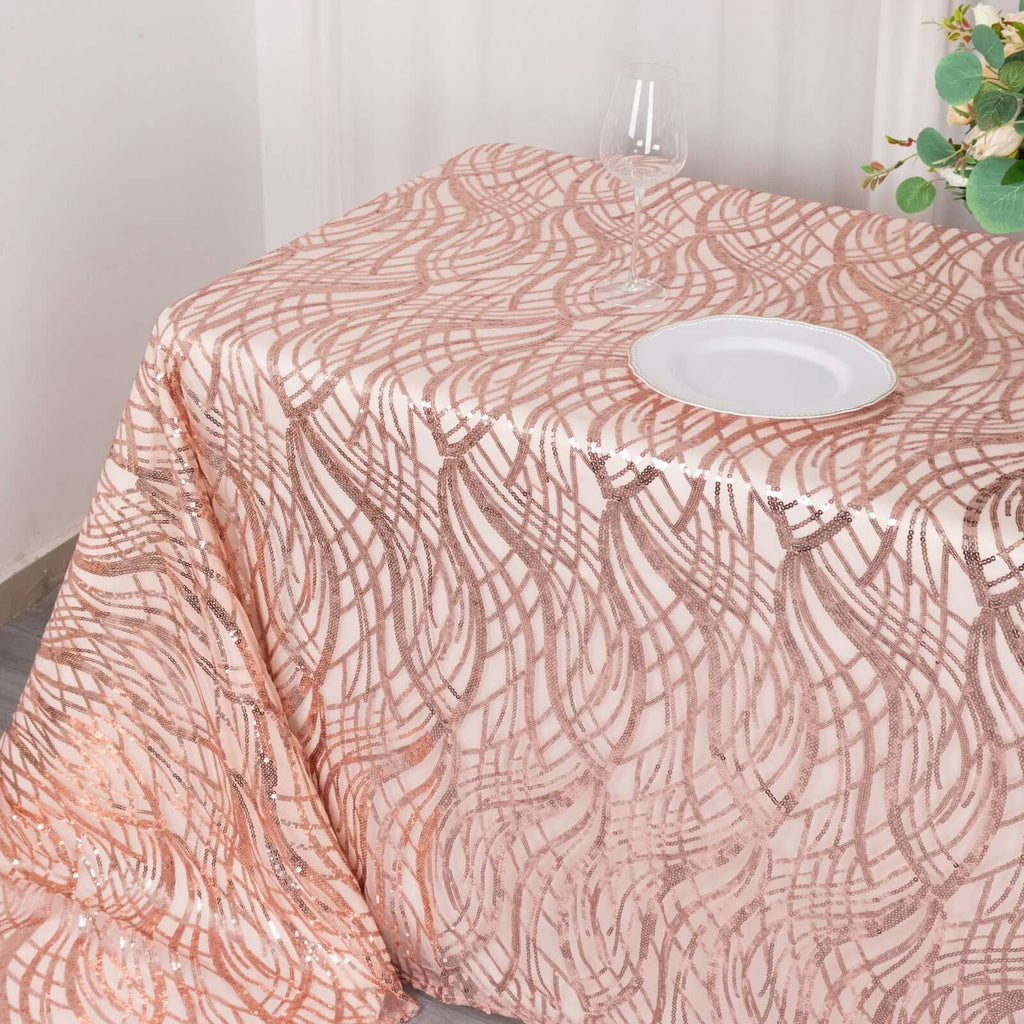 Mesh 90"x156" Rectangle Tablecloth Rose Gold - Wave Sequin Embroidered Table Cover - Bell Racket Store