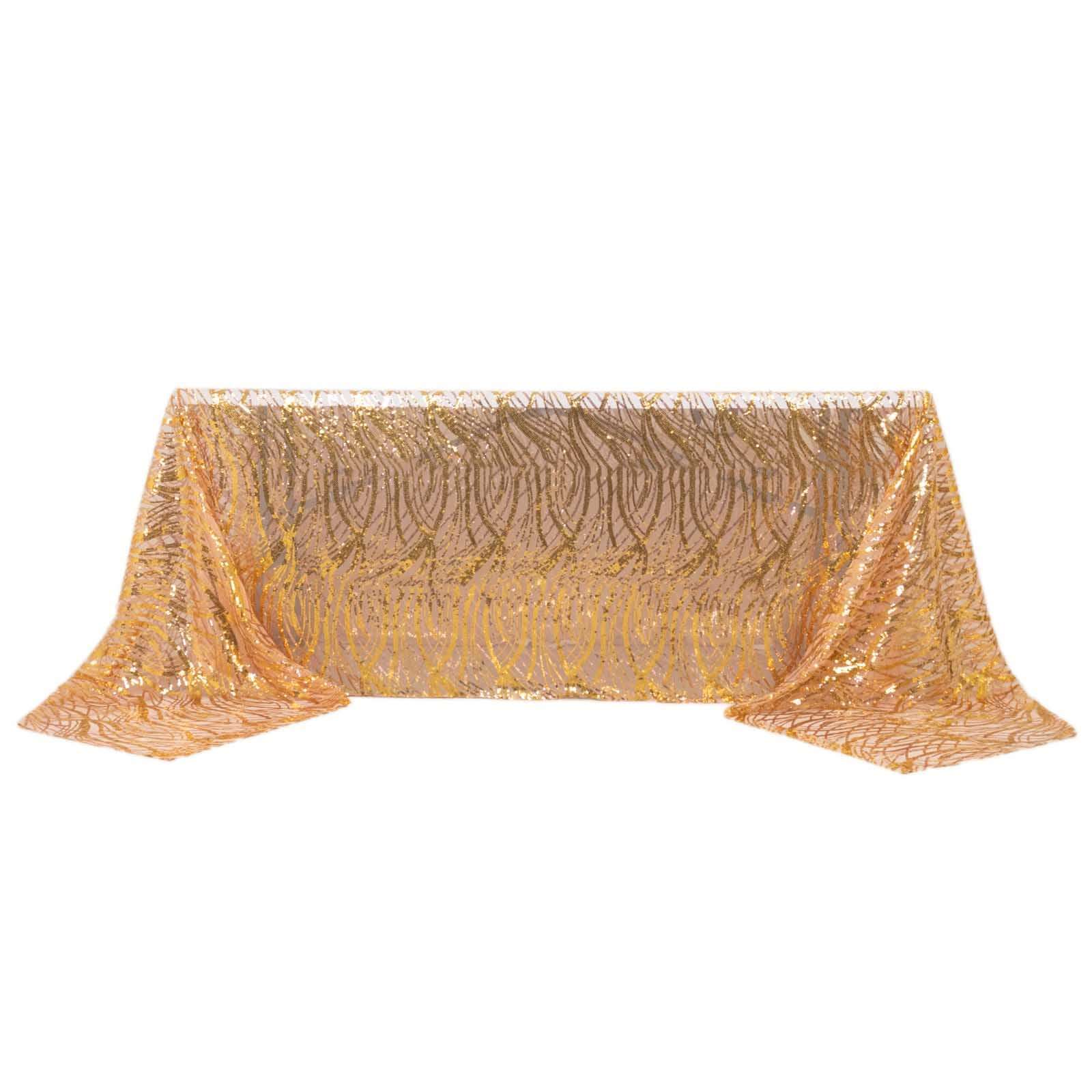 Mesh 90"x156" Rectangle Tablecloth Rose Gold/Gold - Wave Sequin Embroidered Table Cover - Bell Racket Store