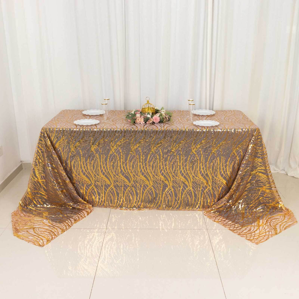 Mesh 90"x156" Rectangle Tablecloth Rose Gold/Gold - Wave Sequin Embroidered Table Cover - Bell Racket Store