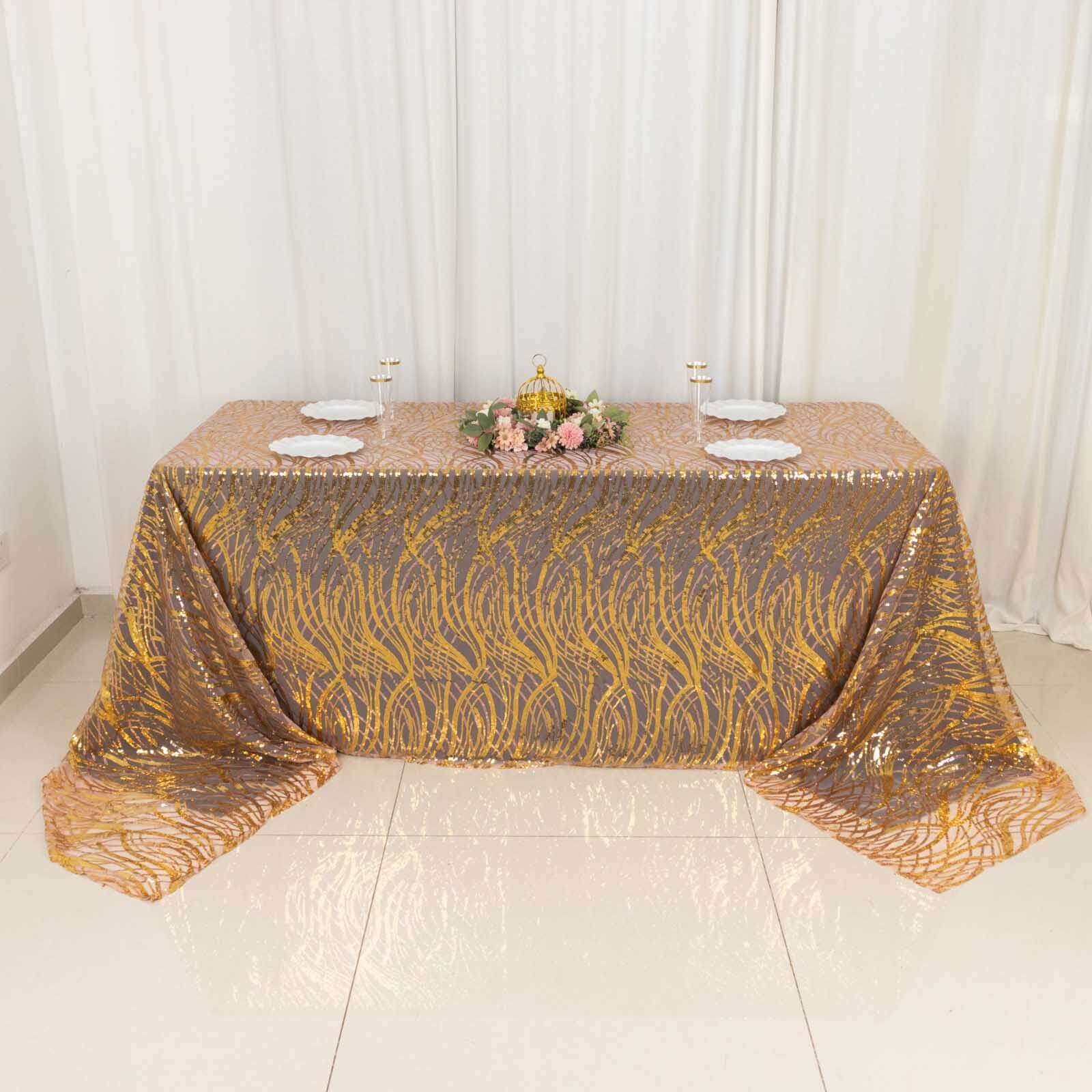 Mesh 90"x156" Rectangle Tablecloth Rose Gold/Gold - Wave Sequin Embroidered Table Cover - Bell Racket Store