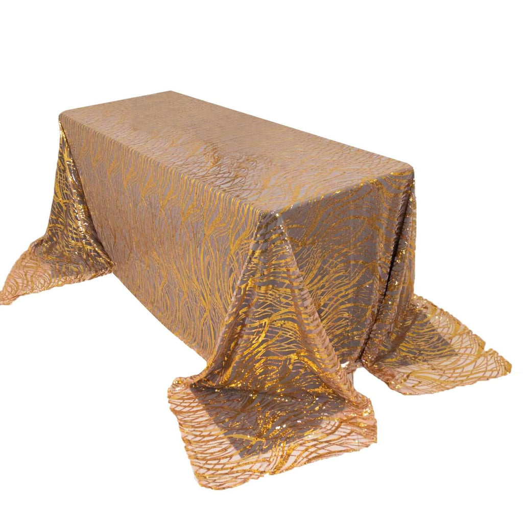 Mesh 90"x156" Rectangle Tablecloth Rose Gold/Gold - Wave Sequin Embroidered Table Cover - Bell Racket Store