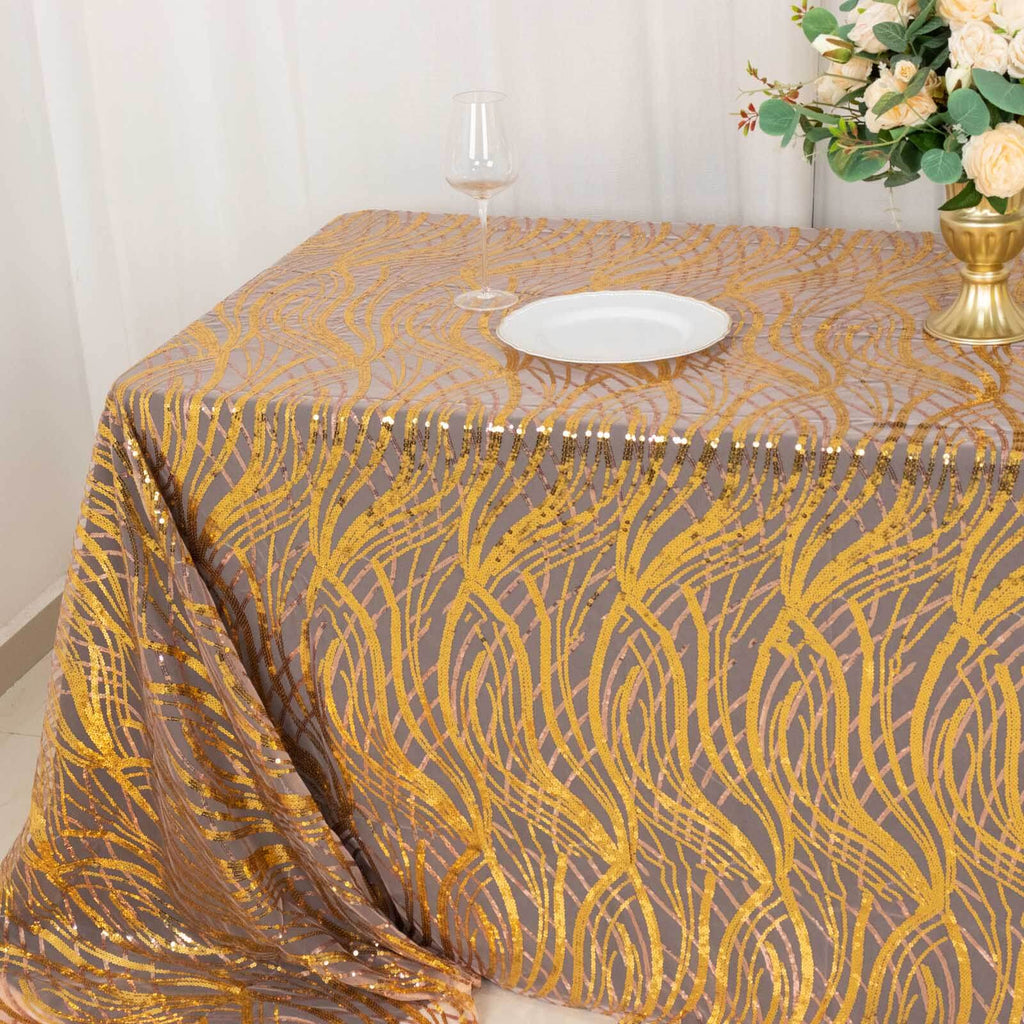 Mesh 90"x156" Rectangle Tablecloth Rose Gold/Gold - Wave Sequin Embroidered Table Cover - Bell Racket Store
