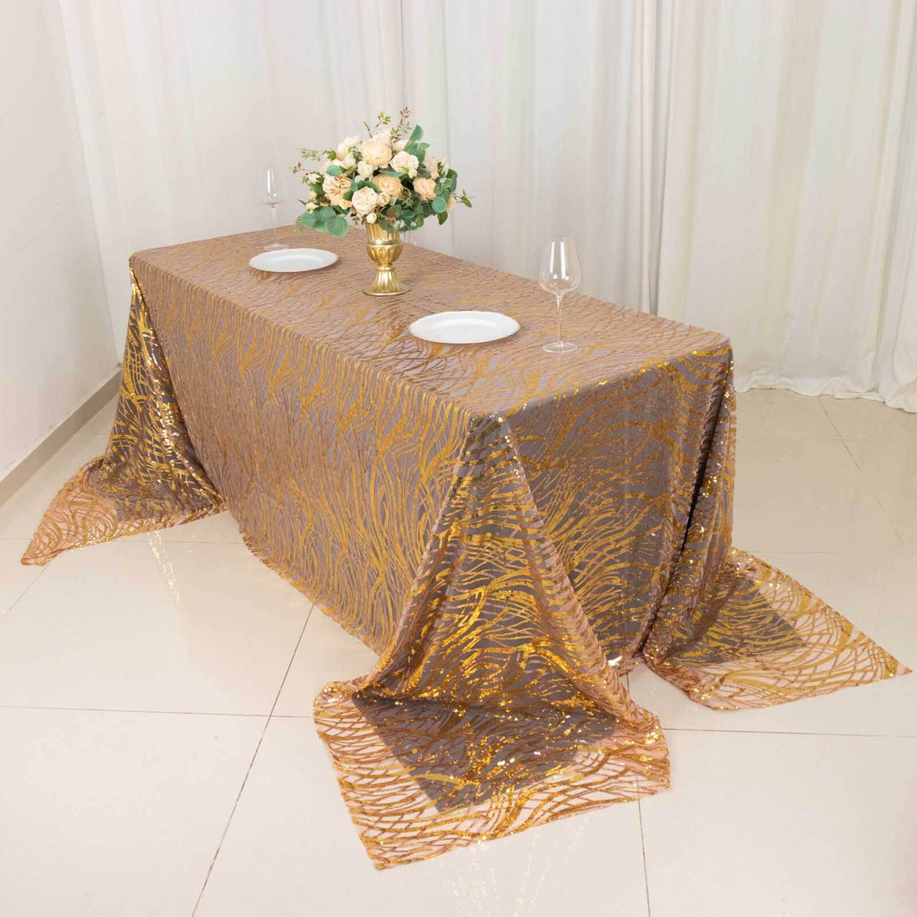 Mesh 90"x156" Rectangle Tablecloth Rose Gold/Gold - Wave Sequin Embroidered Table Cover - Bell Racket Store