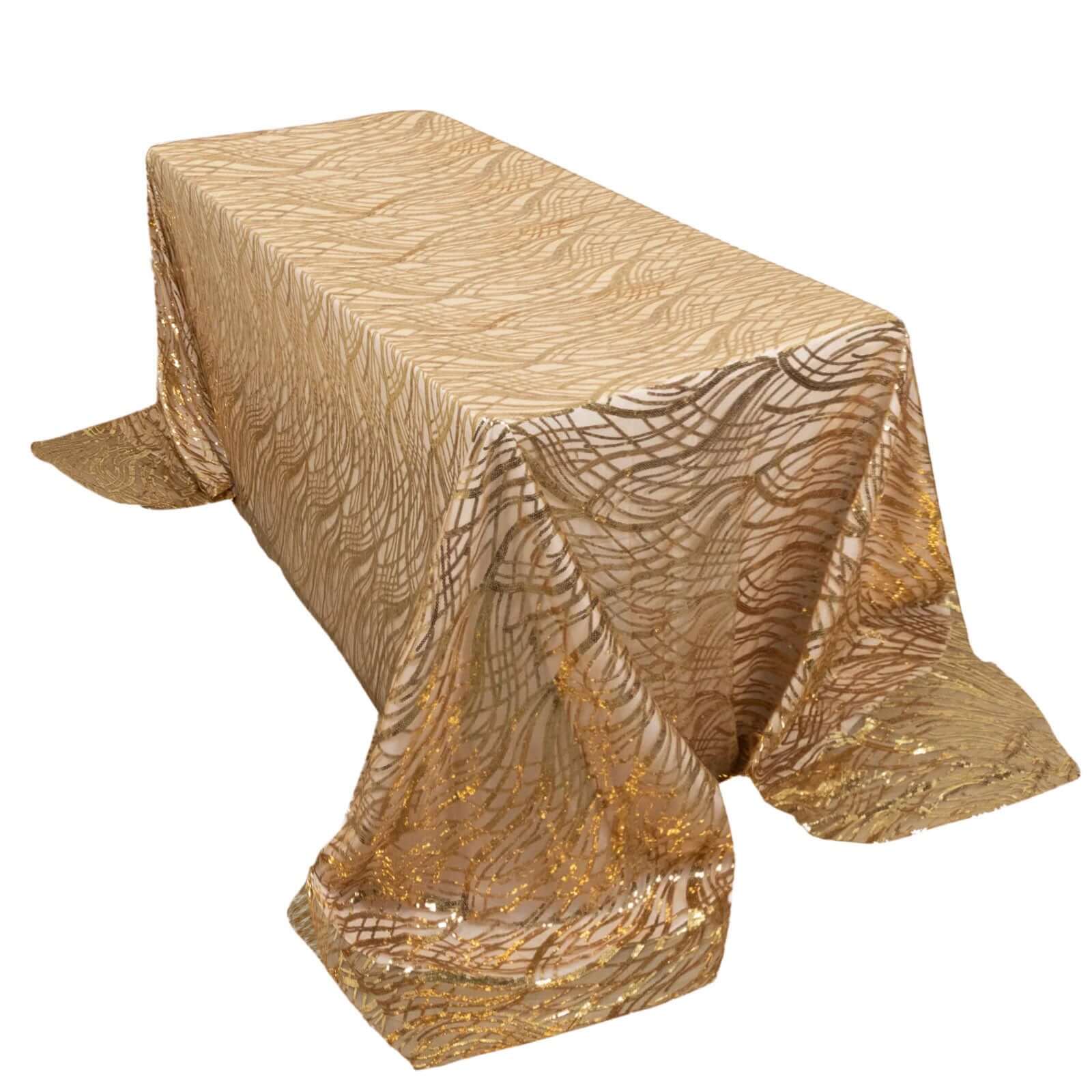 Mesh 90"x156" Rectangle Tablecloth Rose Gold/Gold - Wave Sequin Embroidered Table Cover - Bell Racket Store