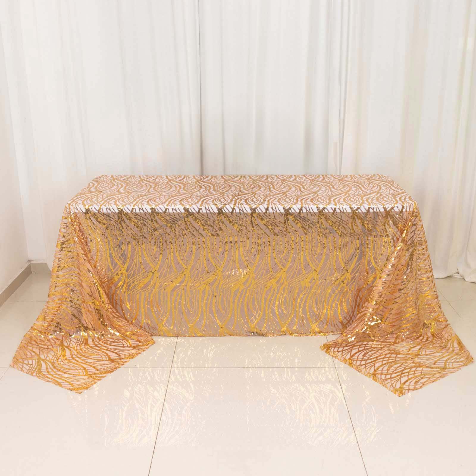 Mesh 90"x156" Rectangle Tablecloth Rose Gold/Gold - Wave Sequin Embroidered Table Cover - Bell Racket Store