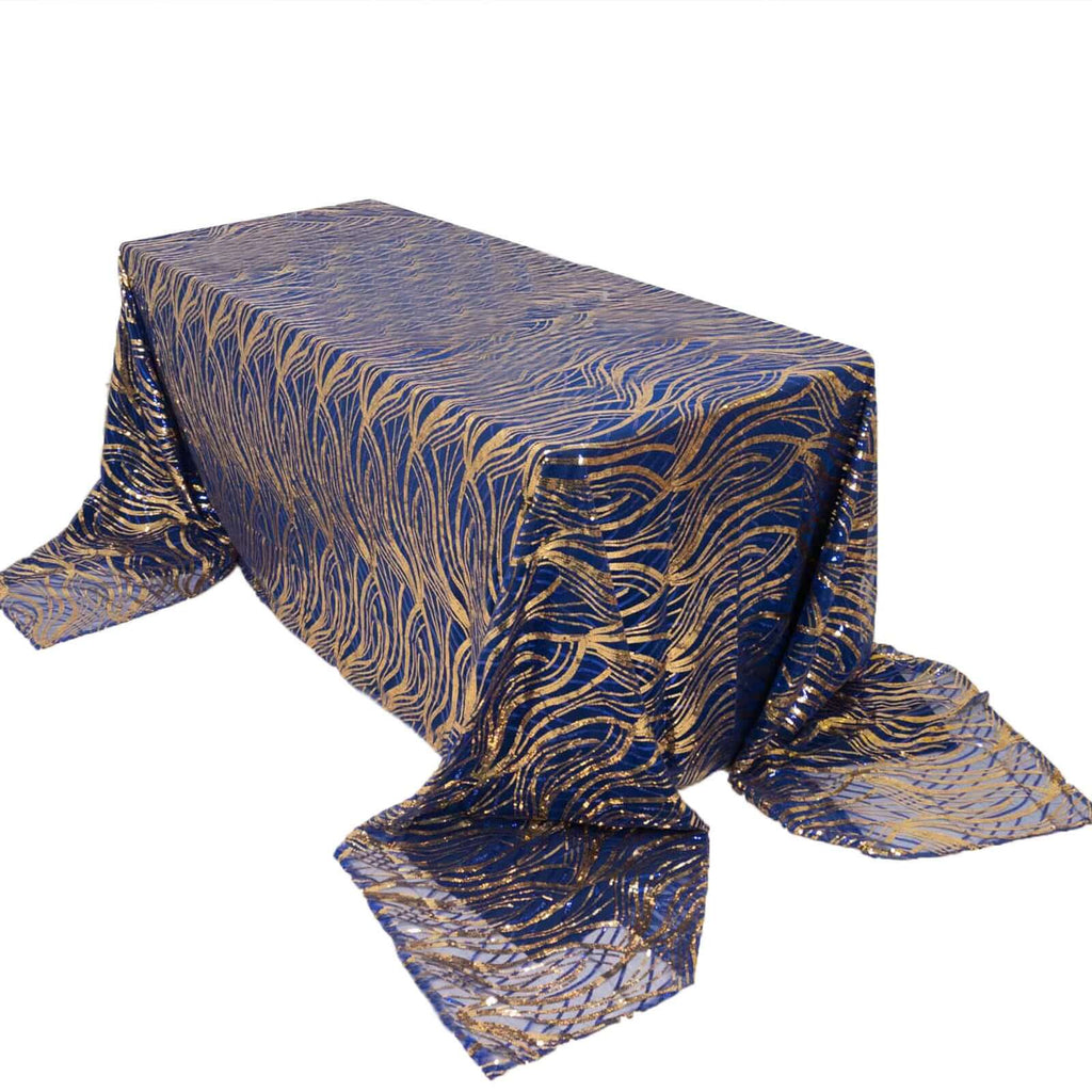 Mesh 90"x156" Rectangle Tablecloth Royal Blue/Gold - Wave Sequin Embroidered Table Cover - Bell Racket Store