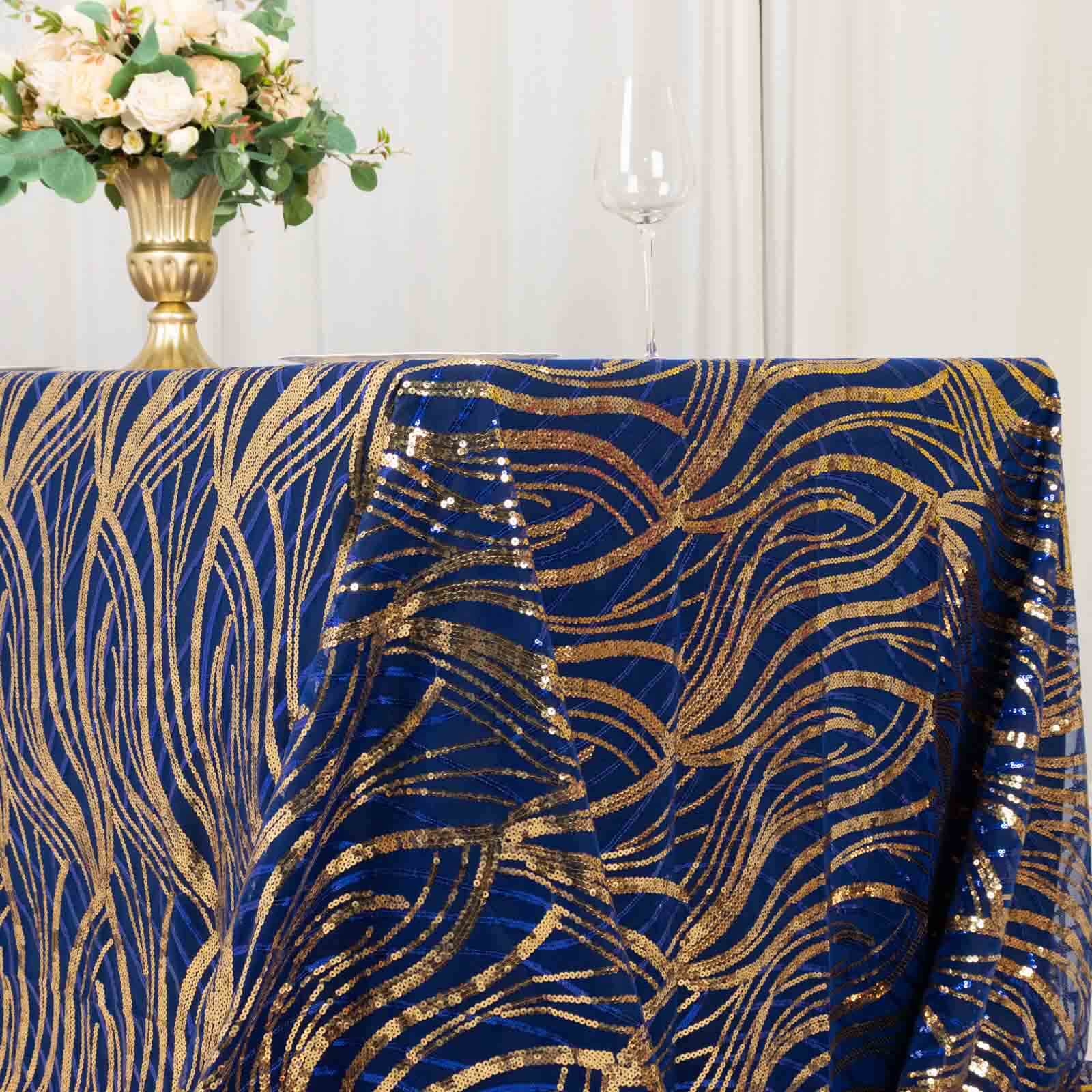 Mesh 90"x156" Rectangle Tablecloth Royal Blue/Gold - Wave Sequin Embroidered Table Cover - Bell Racket Store